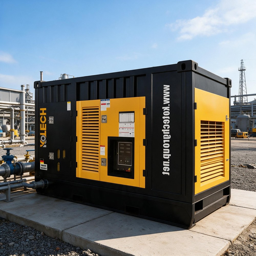 KOTECH KDS skid-mounted containerized diesel air compressor installed on a concrete pad at an industrial plant KOTECH KDS skid-mounted containerized diesel air compressor installed on a concrete pad at an industrial plant