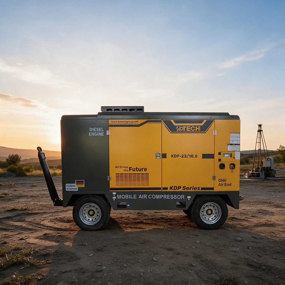 KOTECH KDP portable diesel air compressor supplying air at a rural water well drilling site KOTECH KDP portable diesel air compressor supplying air at a rural water well drilling site