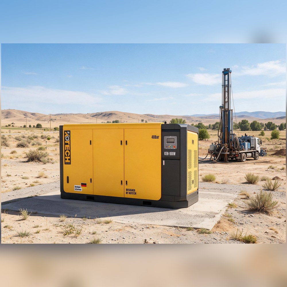 KOTECH KEH two-stage high-pressure screw compressor at a rural water-well drilling work site KOTECH KEH two-stage high-pressure screw compressor at a rural water-well drilling work site