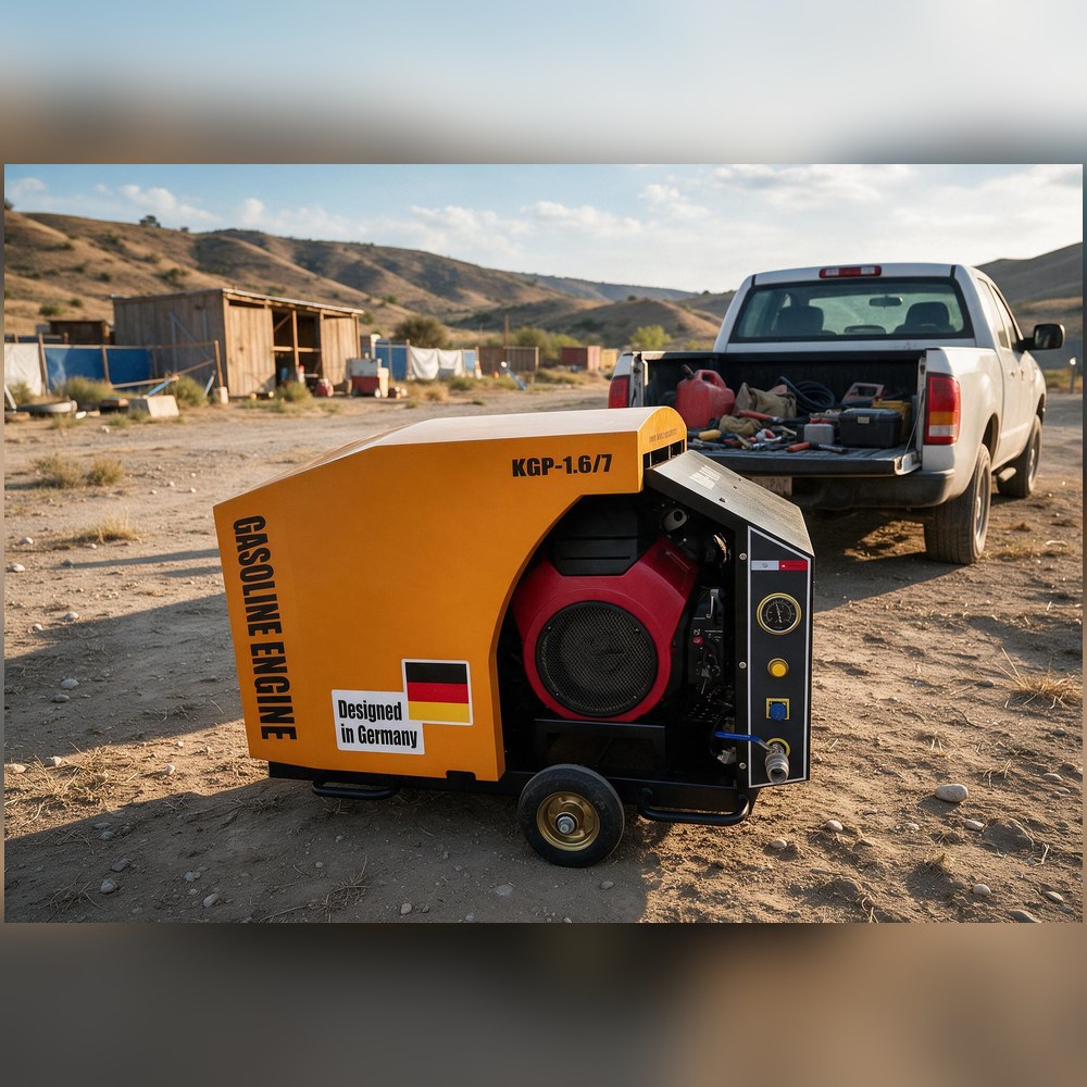 KOTECH KGP gasoline portable screw compressor at a remote roadside contractor jobsite KOTECH KGP gasoline portable screw air compressor at a remote roadside contractor jobsite