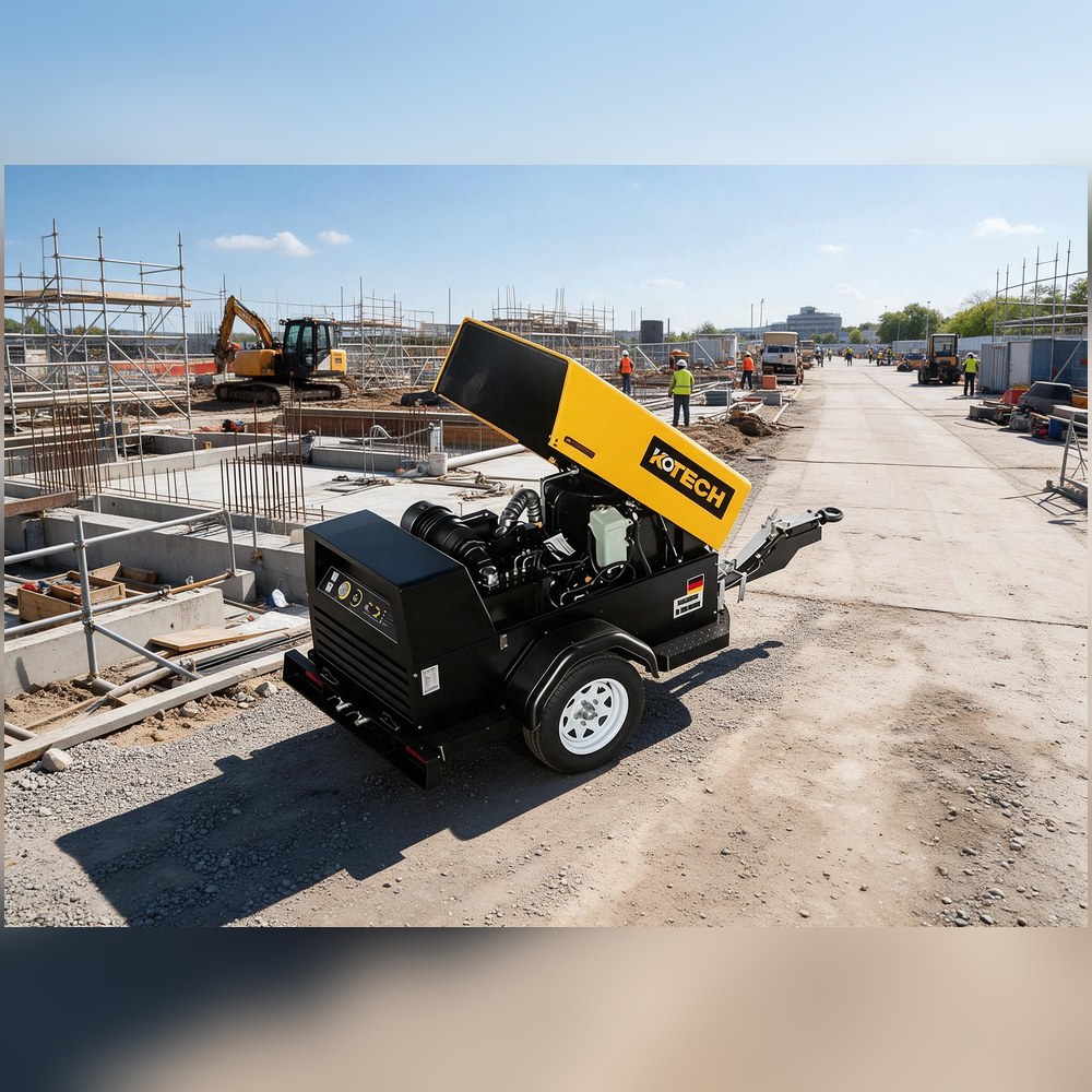 KOTECH KDP portable diesel air compressor at a highway construction site with concrete works KOTECH KDP portable diesel air compressor at a highway construction site with concrete works